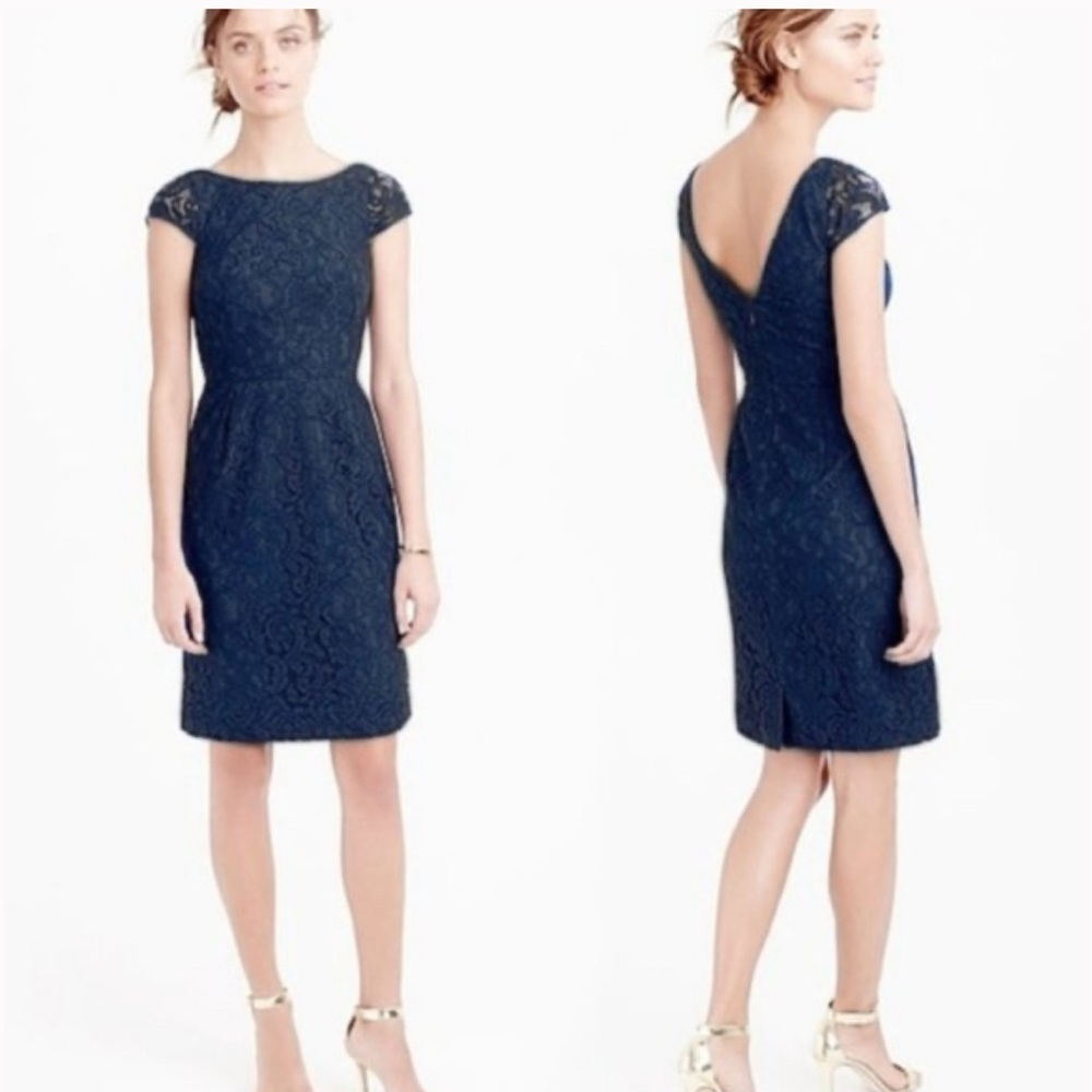 $275 J. Crew Elsa Dress - Navy Blue Lace Pleated Cap Sleeve Midi Dress - Size 2